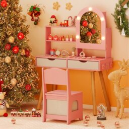 COSTWAY Kids Vanity Set Pretend Play Dressing Table Set Pink