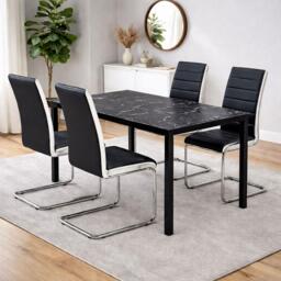 Black Marble Effect Dining Table with 4 Black Faux Leather Chairs Kitchen Furniture