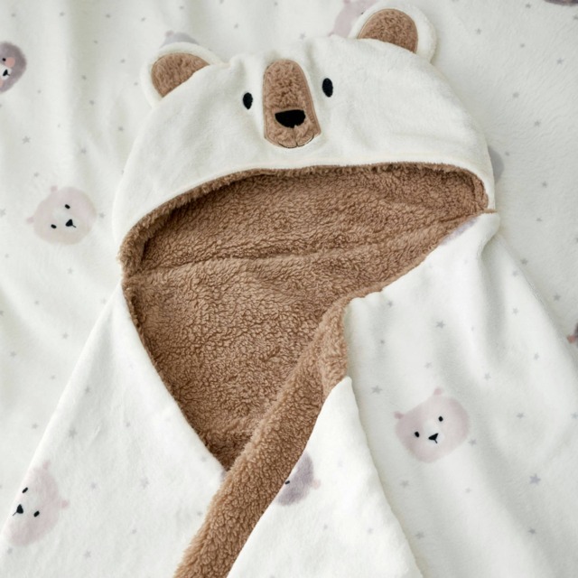 Catherine Lansfield Cosy Bear So Soft Fleece 90x125cm Hooded Blanket Natural Cream Natural One Size