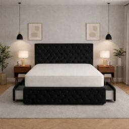 Chesterfield black plush 4ft small double divan bed set storage 2 Drawers Left Side Laying in Bed