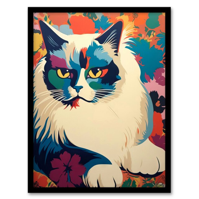 Ragdoll Cat Flowers Pet Portrait Teal Purple Black Framed Wall Art Print A4