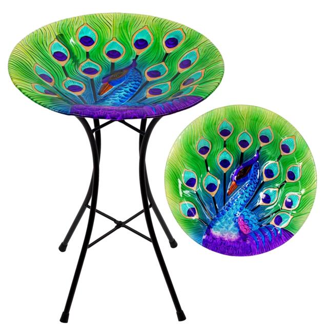 GEEZY Freestanding Glass Bird Bath Table Peacock Metal Garden Feeding Station 36x46cm