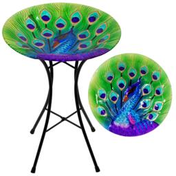 GEEZY Freestanding Glass Bird Bath Table Peacock Metal Garden Feeding Station 36x46cm