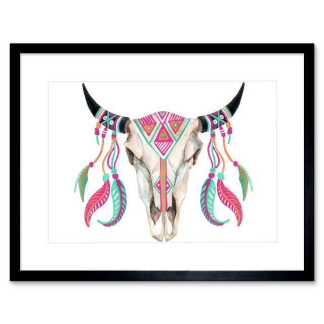 "Painted Decorated Cow Skull Bright Painting 9x7"" Black Framed Wall Art Print"