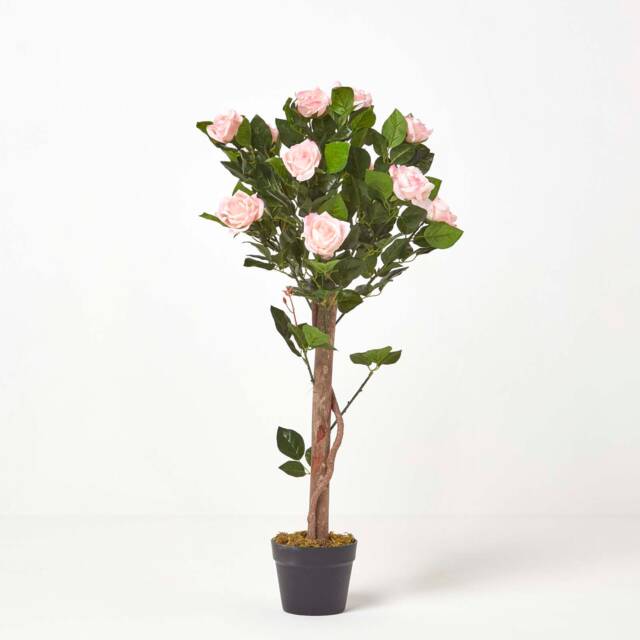 Homescapes Pink Potted Rose Tree Artificial Plant with lifelike green leaves and single trunk, 90 cm