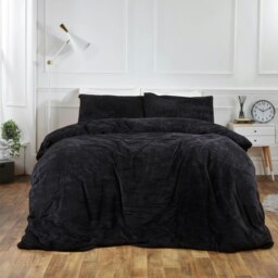 OHS Ultra Soft Teddy Fleece Duvet Cover and Pillowcase Set, King - Black