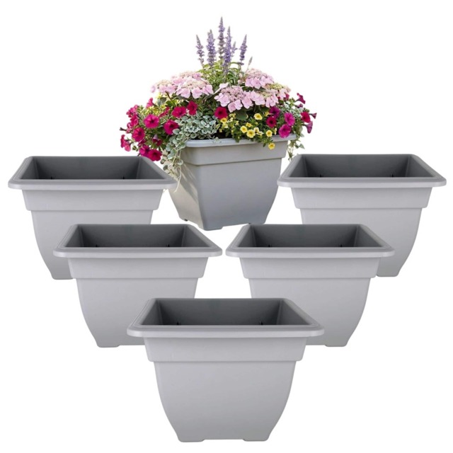 6x Grey Square Bell Plant Pot 38cm Plastic Bell Planter Patio Flowerpot Grey Grey 6