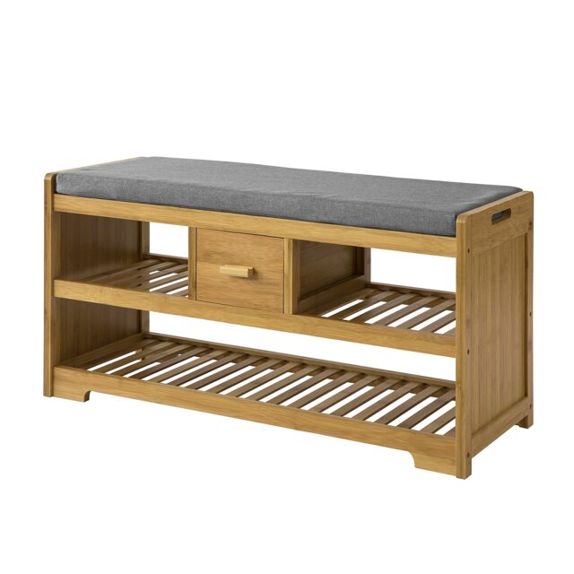 SoBuy Bamboo 2-Tier Shoe Bench with Drawer & Gray Cushion, 35.8x13.4x17.7 inches, 8.5 kg - FSR75-N