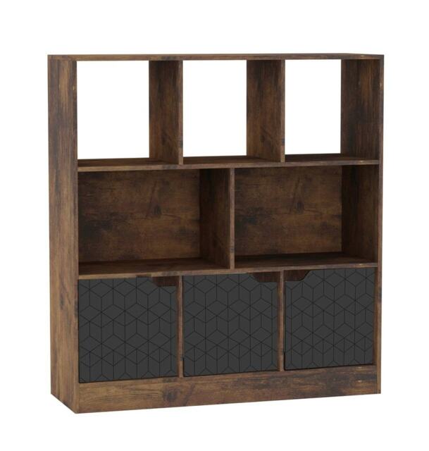 Asymmetrical 8 Cube Rustic Brown Freestanding Bookcase Storage Unit with 3 Doors Black Geo Design Doors - Black 1