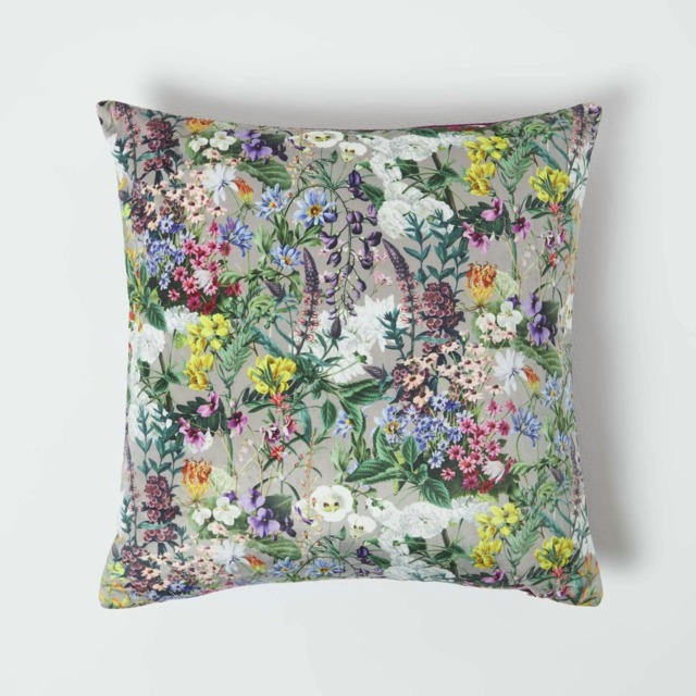 Homescapes Floral Botanical Garden Purple Velvet Filled Cushion - 46 x 46 cm Purple Purple, Taupe 1