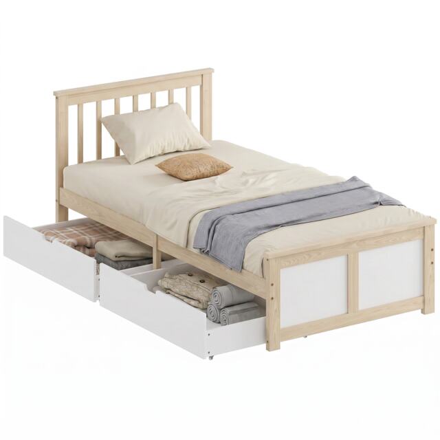 HOMCOM Storage Bed with 2 Drawers, Headboard, Wood Slat Support, Natural