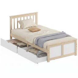 HOMCOM Storage Bed with 2 Drawers, Headboard, Wood Slat Support, Natural