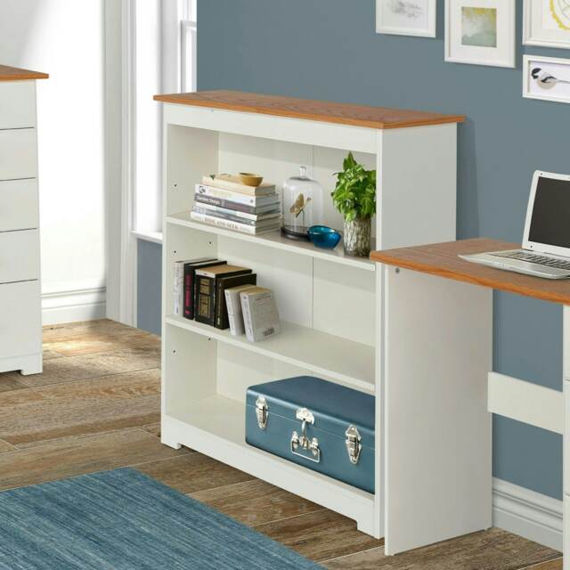 Colorado 3 Shelf Low Wide Bookcase - Soft White Finish with Oak Woodgrain Effect Top and Practical Storage White Soft White One Size 1