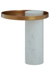 Boutique Style Side Table-White Marbled Table With Pole-like Base-Iron Round Table With Cylindrical Stand White