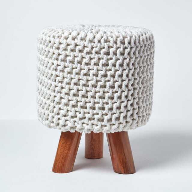 Homescapes Natural Tall Cotton Knitted Footstool on Legs Cream 32 x 32 x 42 cm