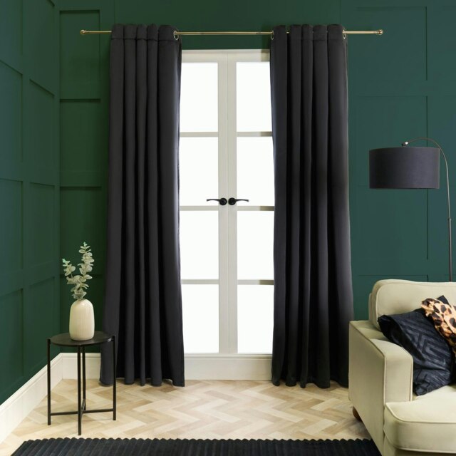 "OHS Soft Velvet Plain Dyed Thermal Insulated Panel Pair Eyelet Curtains, 46x72"" Black"