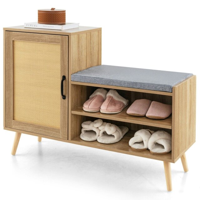 COSTWAY Rattan Shoe Cabinet 2-in-1 Shoe Storage Bench Multi