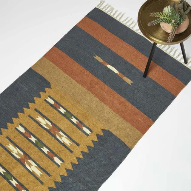 Homescapes Lundi Orange and Blue Kilim Runner Cotton and Jute Rug - 80 x 180 cm Orange Blue and Orange 80 x 180 cm