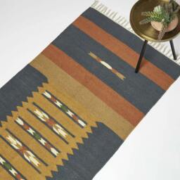 Homescapes Lundi Orange and Blue Kilim Runner Cotton and Jute Rug - 80 x 180 cm Orange Blue and Orange 80 x 180 cm