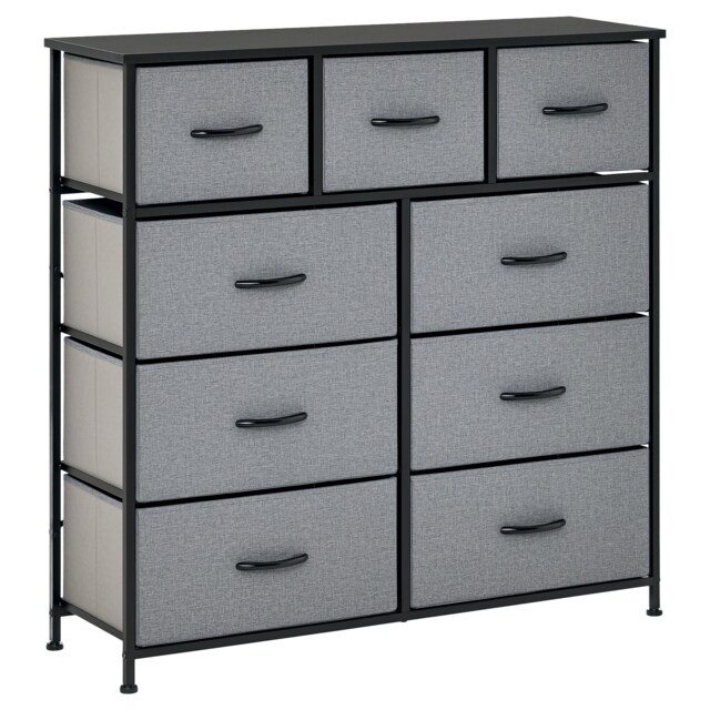 HOMCOM 9 Drawers Storage Chest Dresser Organizer Unit w Steel Frame, Wood Top, Easy Pull Fabric Bins, for Bedroom, Hallway, Entryway, Black & Grey