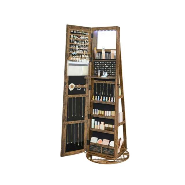 Free Standing Mirror Jewellery Cabinet 360 Swivel Organiser Brown Brown One Size