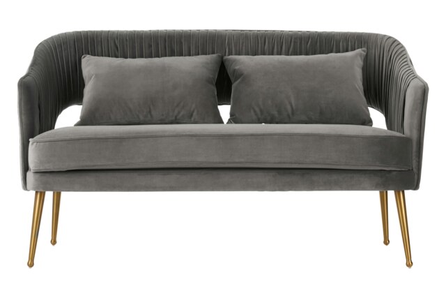 Grey Velvet Sofa With Pleated Backrest, 2 Seater Sofa,Modern Sofa Couch With Cushions,Gold Finish Sofa Seat Grey Two Seater