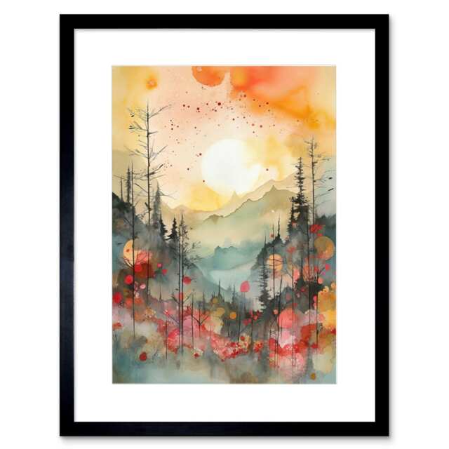 "Sunrise Over Misty Mountain Forest Landscape Watercolour 9x7"" Black Framed Wall Art Print"