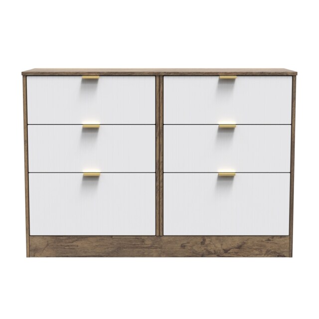 Denver 6 Drawer Wide Chest of Drawers in White Matt & Vintage Oak (Ready Assembled) White White Matt & Vintage Oak