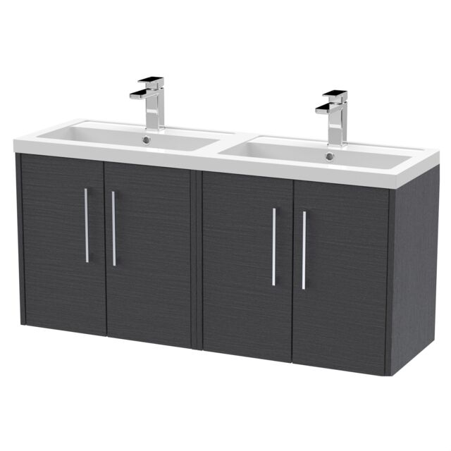 Balterley Winshill Contemporary 4 Door Wall Hung Vanity Unit with Double Basin, Woodgrain Dark Grey, 1200mm