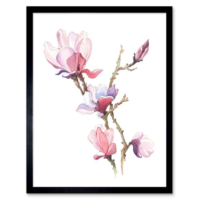 "Flower Magnolia Watercolour Living Room 12x16"" Framed Wall Art Print"