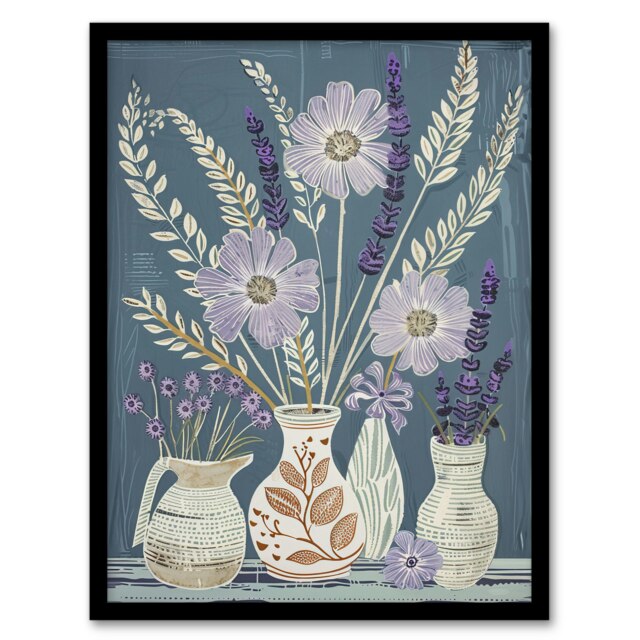 Lavender Flower Bouquet Vases Purple Still Black Framed Wall Art Print A4