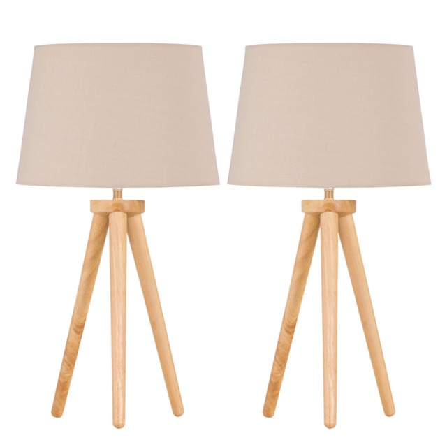 Set of 2 Light Oak Table Lamp or Bedside Lights with Natural Shades Brown Brown Large 2