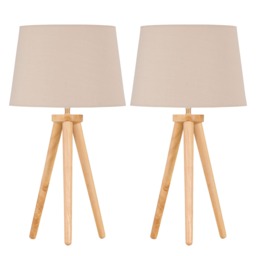 Set of 2 Light Oak Table Lamp or Bedside Lights with Natural Shades Brown Brown Large 2