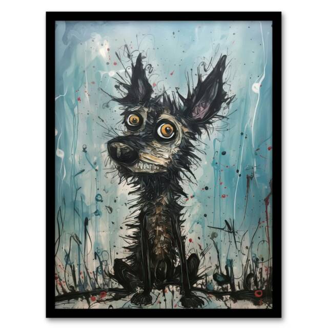 Curious Dog Thick Oil Scruffy Home Decor Black Framed Wall Art Print A4