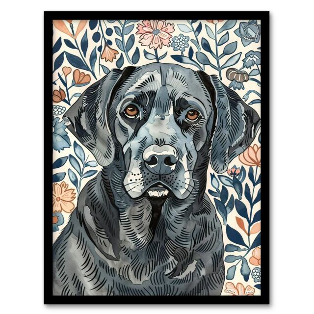 Dog Lover Labrador Retriever Floral Watercolour Black Framed Wall Art Print A4