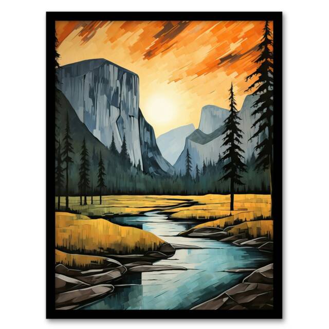 Yosemite National Park Vibrant Sunset Over Black Framed Wall Art Print A4