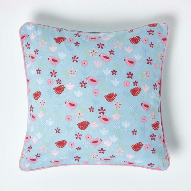 Homescapes Cotton Birds and Flower Cushion Cover - 45 x 45 cm Blue Blue 45 x 45 cm