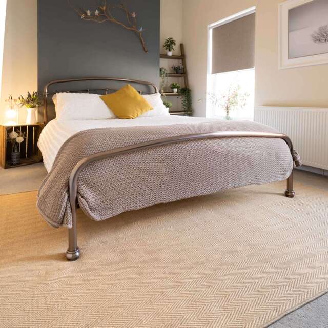 KUKOON Natural Golden Beige Jute Micro Woven Herringbone Pattern Cotton Border Area Rug 80cm x 150cm