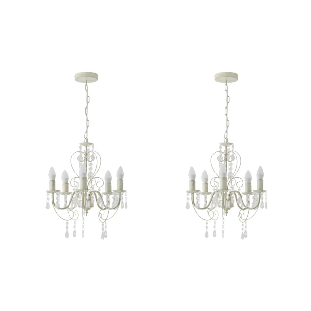 ValueLights Lille Pair 5 Way Distressed White Pendant Ceiling Lights Chandeliers White