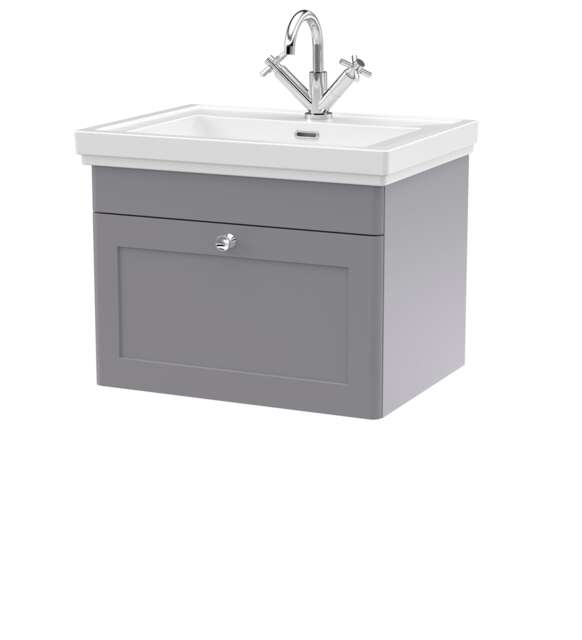 Balterley Classic Traditional Bathroom Wall Hung 1-Drawer Vanity Unit & Fireclay Basin Grey Satin Grey
