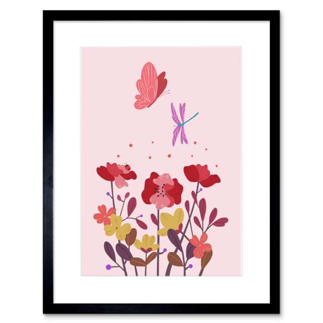 "Magical Garden Butterfly Flowers Pink Girl Bedroom 9x7"" Black Framed Wall Art Print"