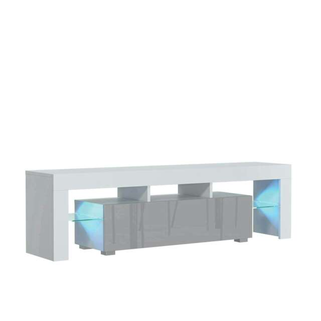 TV Unit 160cm Grey Gloss Door White Matt Body with LED Glass Shelves White Grey One Size 1