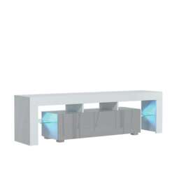 TV Unit 160cm Grey Gloss Door White Matt Body with LED Glass Shelves White Grey One Size 1