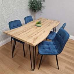 wooden Dining Table Set and 4 Blue Velvet Chairs Dining Room Furniture