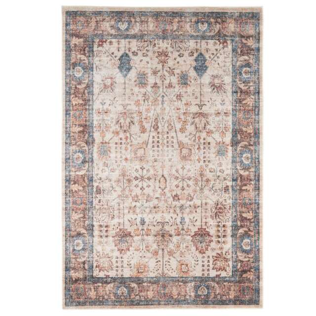 KUKOON Blue Beige Traditional Floral Bordered Non Slip Washable Low Pile Rug 160cm x 230cm