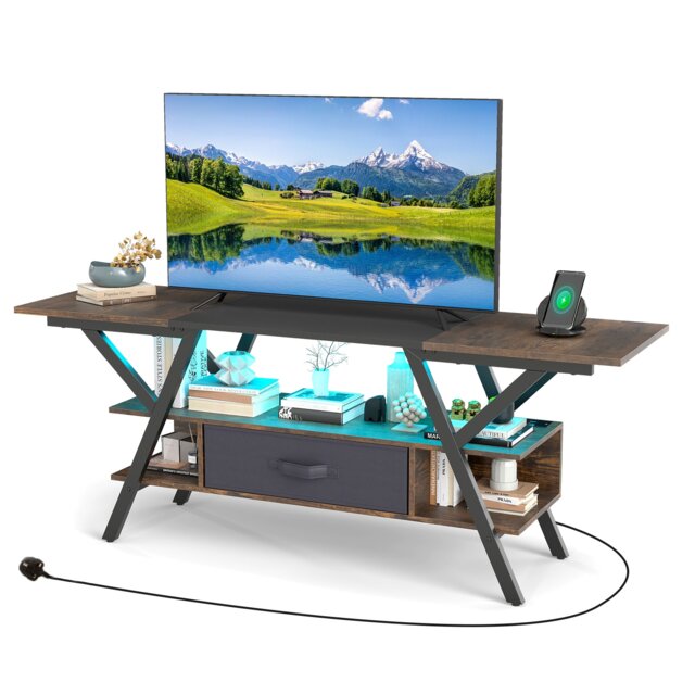 COSTWAY TV Stand for 65 Inch TVs 3 Tier Entertainment Center with LED Lights Coffee