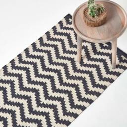 Homescapes Casablanca Handwoven Zig Zag Pattern Dark Blue and White Cotton Kilim Runner - 66 x 200 cm Blue Dark Blue and White