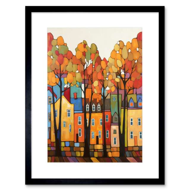"House Street Autumn Contemporary Folk Art 9x7"" Black Framed Wall Art Print"