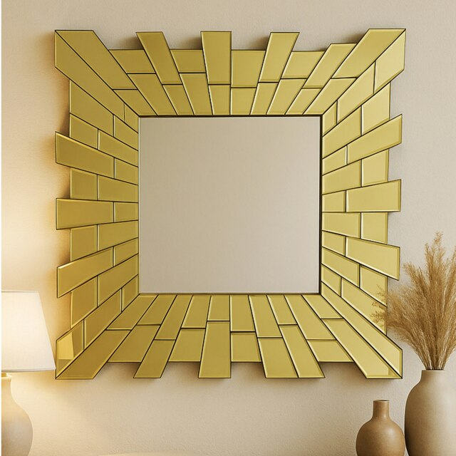 Orsina Small Square Wall Mirror With Tapered Glass & Reflective Tiled Frame, Decorative Accent, 60cm Small Mirror