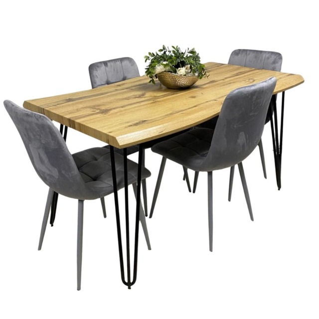 Wooden Dining Table with 4 Grey Velvet Chairs, Stylish Dining Room Furniture